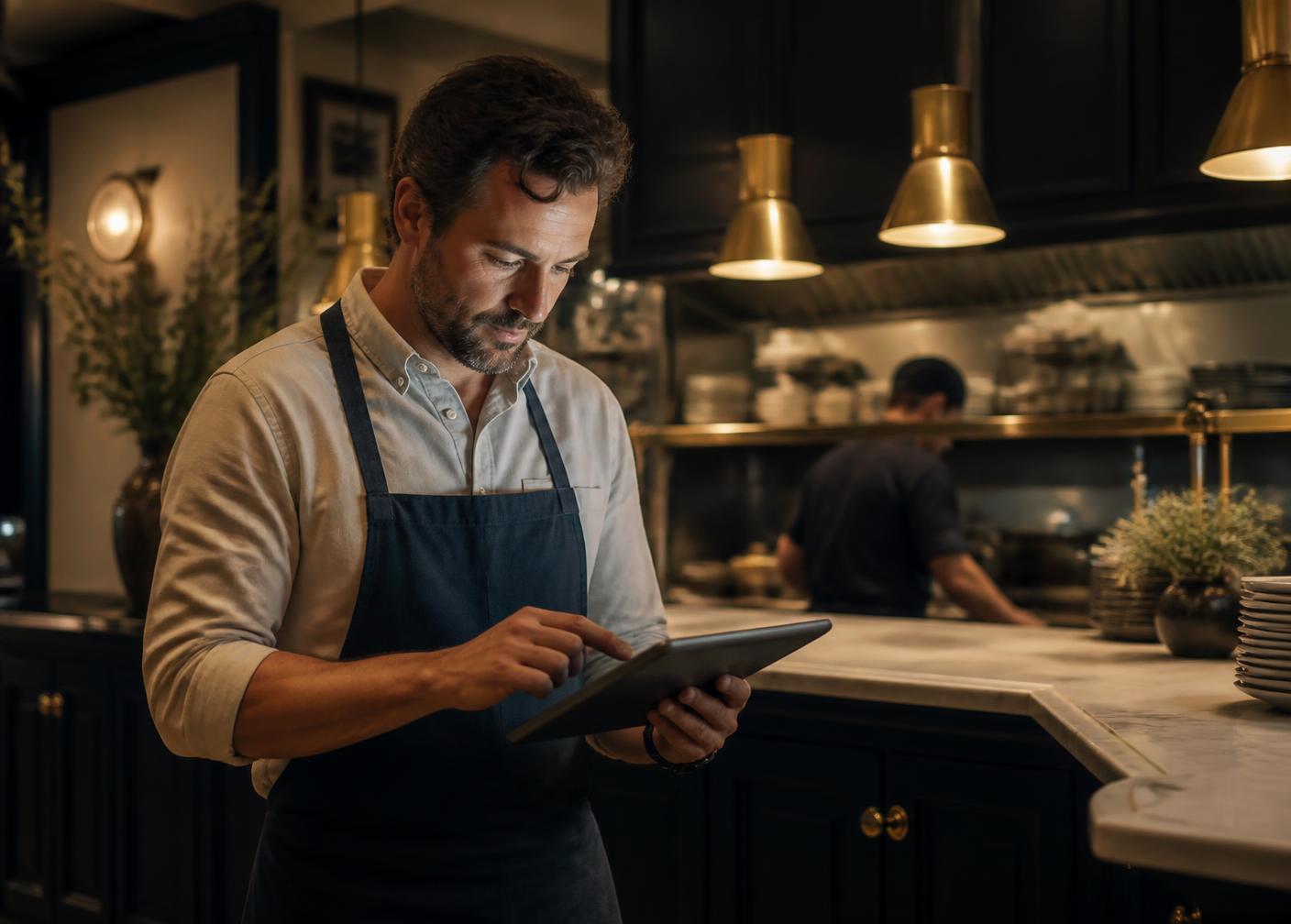 Dono de restaurante conferindo os números do negócio em um tablet